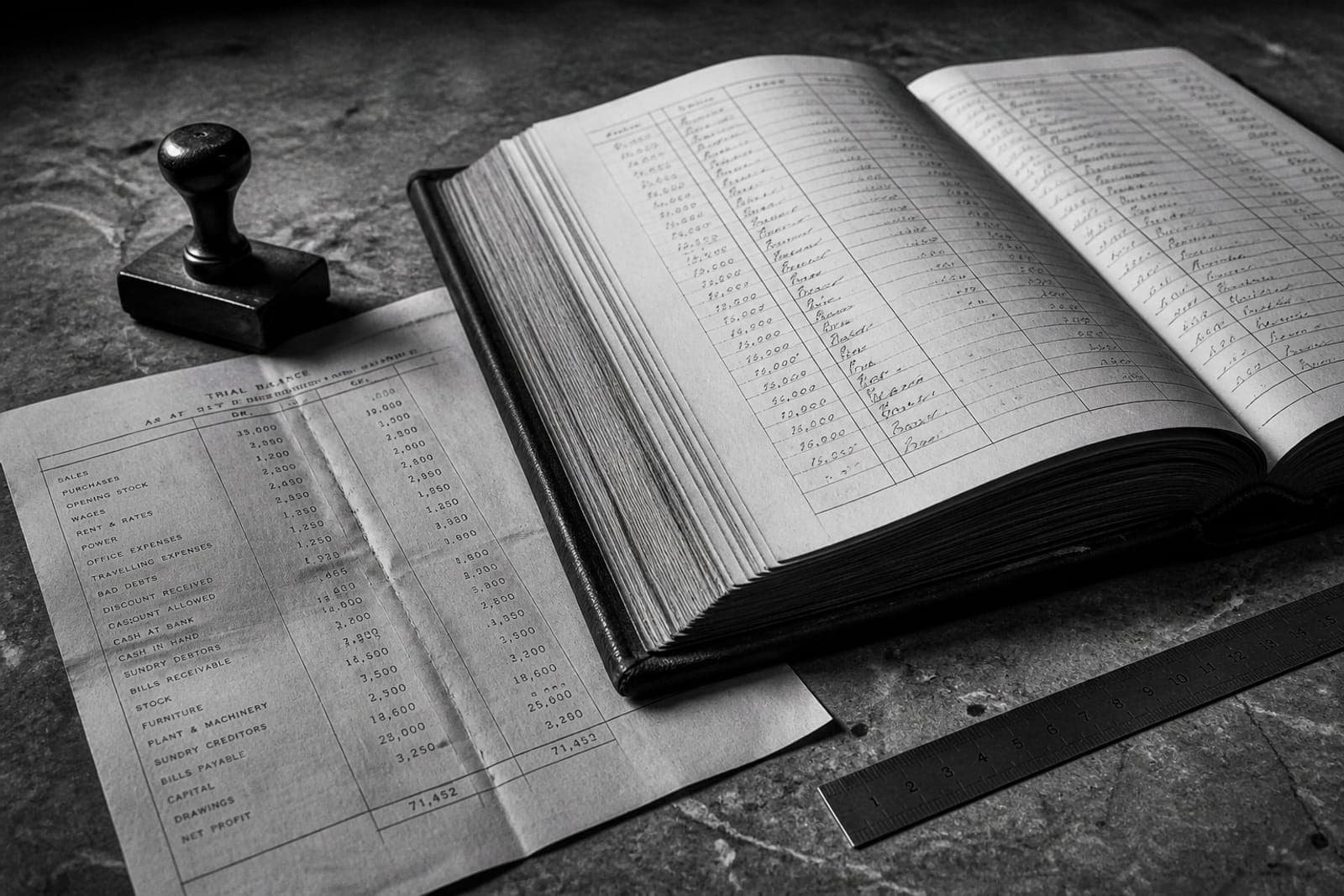 A bound ledger and trial-balance printout