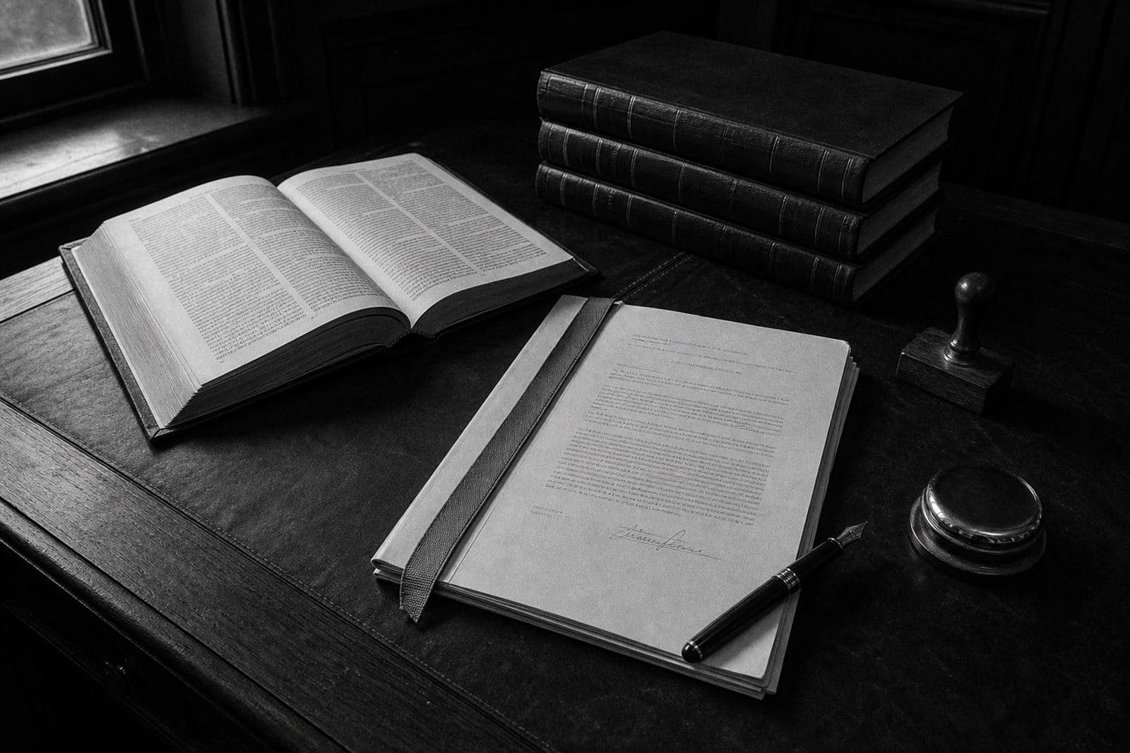 A statute volume, signed contract and minute books on a desk
