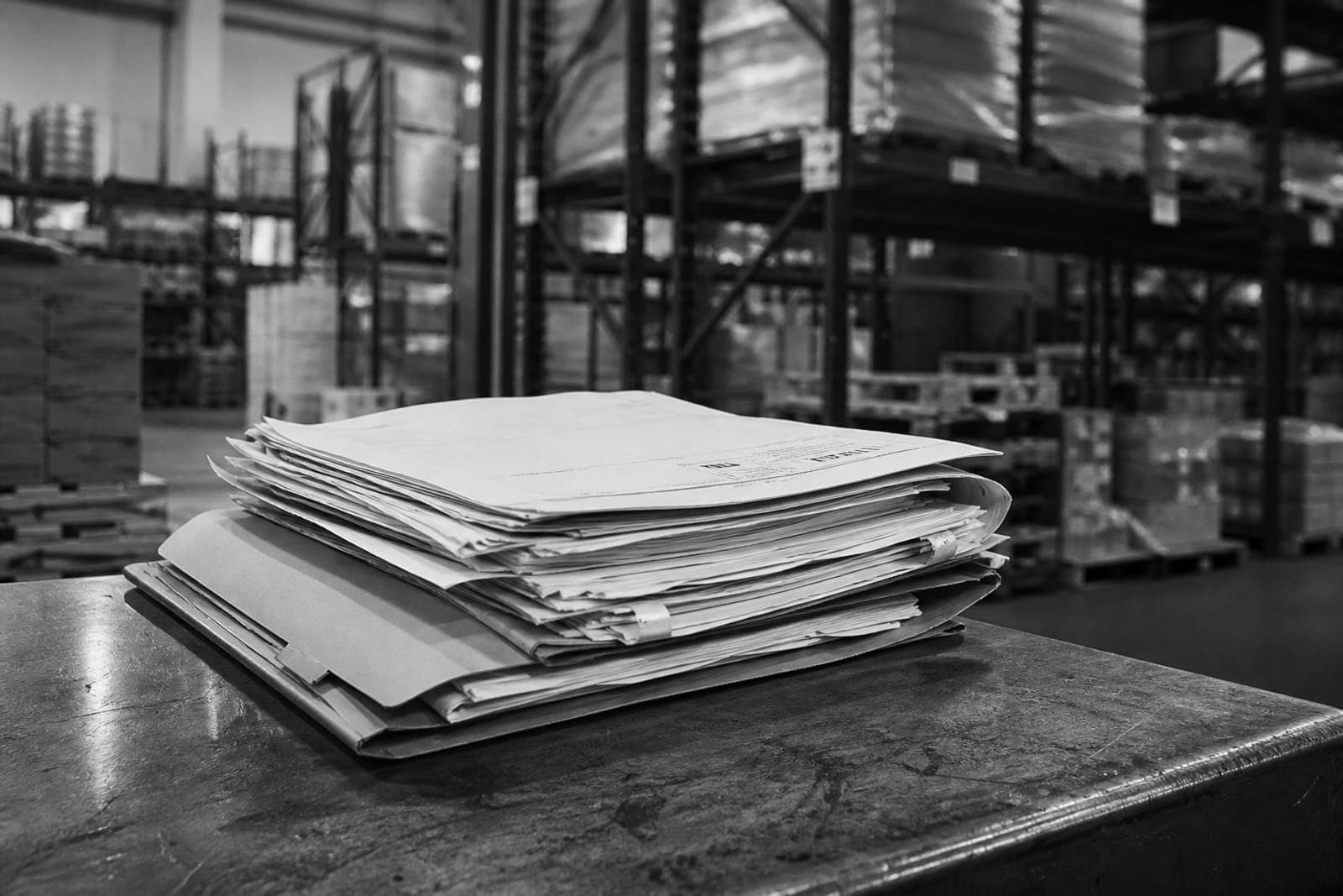 Invoice stack and warehouse racking under inspection